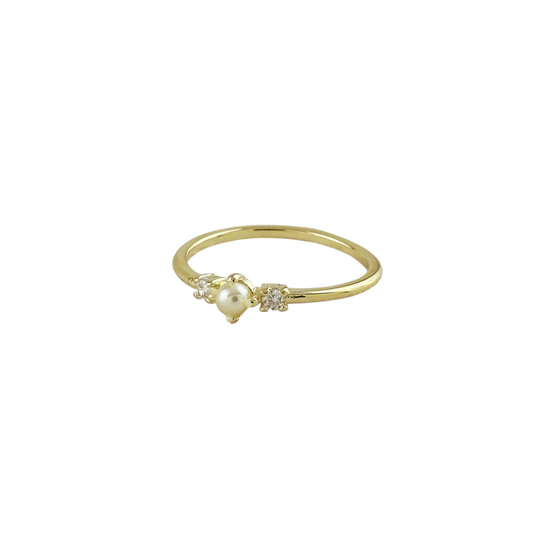 Pearl & CZ Three-Stone 18k Gold Filled Ring