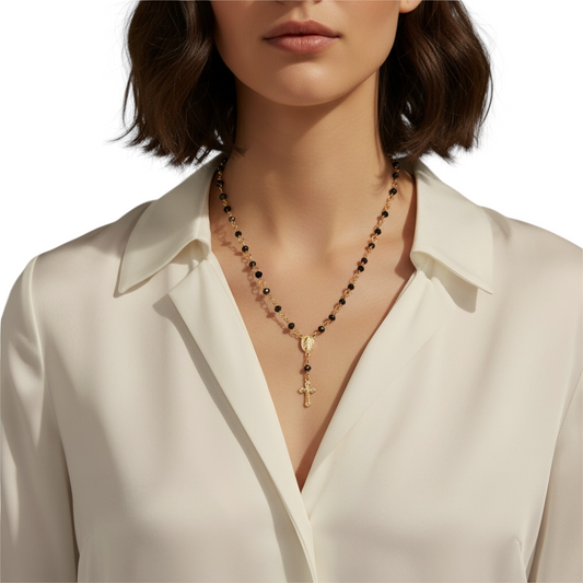 Fashion Rosary with Black Beads 18K Gold Filled Necklace