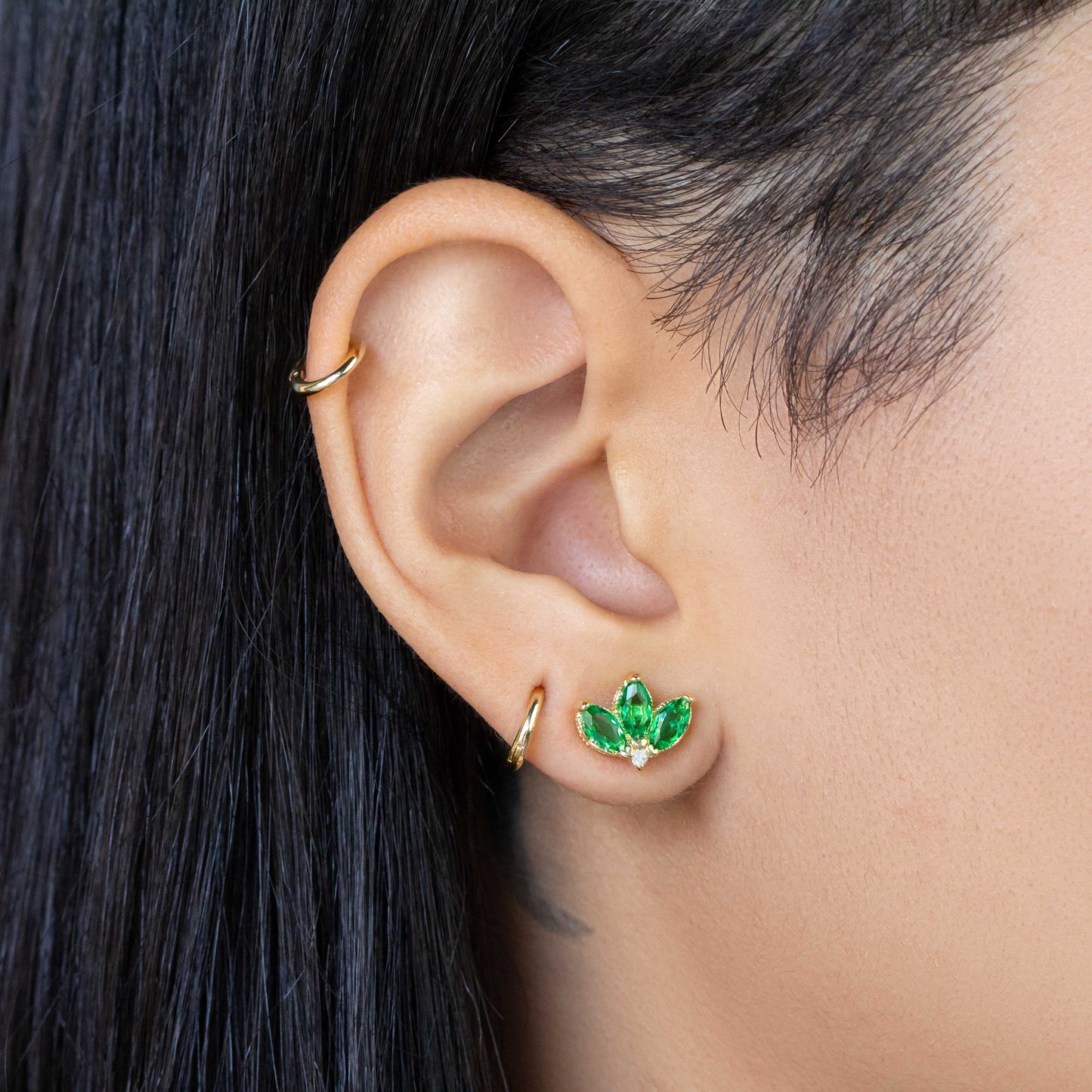 11.5mm  Emerald CZ Vintage Lotus Flower Stud 18K Gold Filled  Earrings