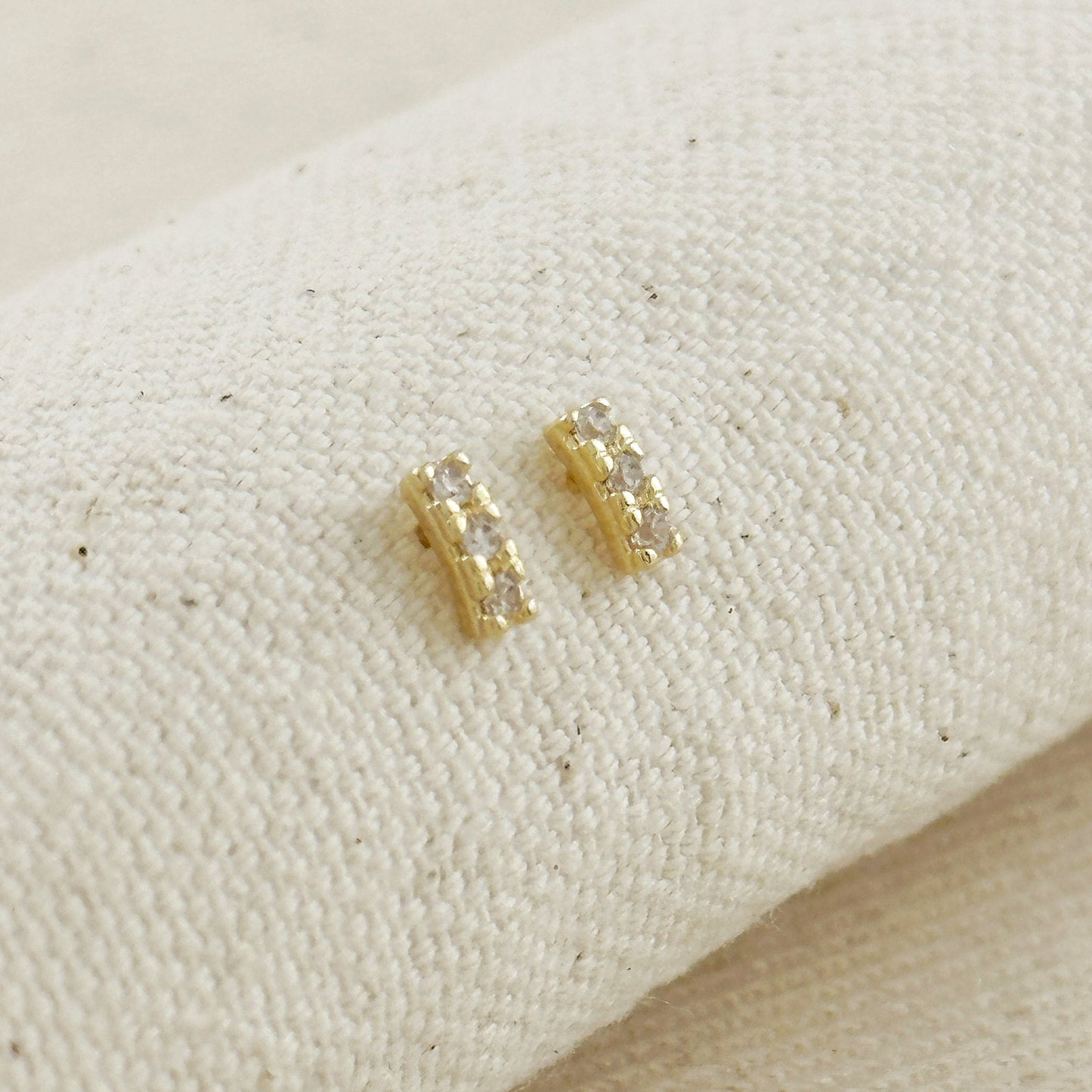 6mm Three Stone CZ Bar Stud 18k Gold Filled Earrings