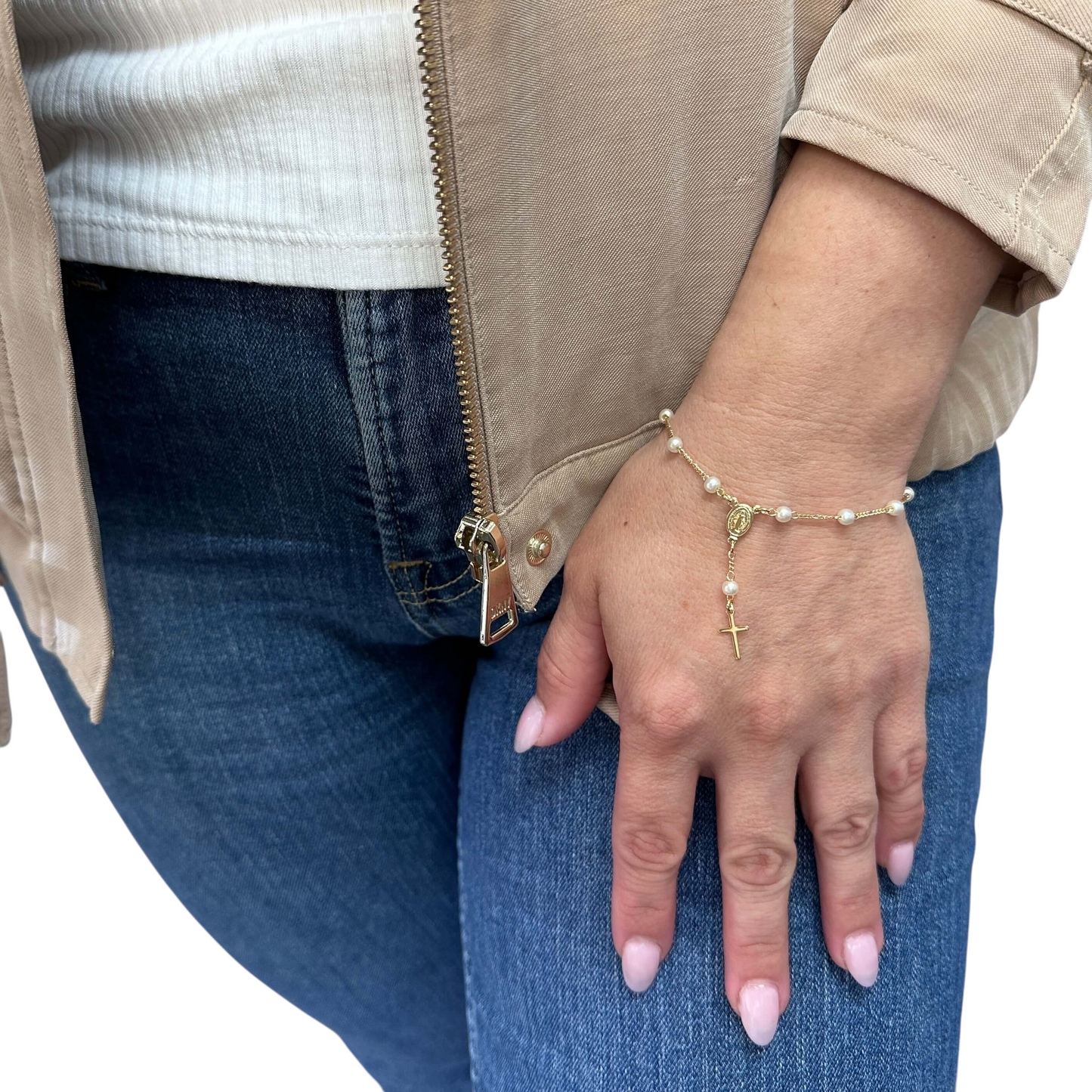 Pearl & Figaro Rosary 18k Gold Filled Bracelet