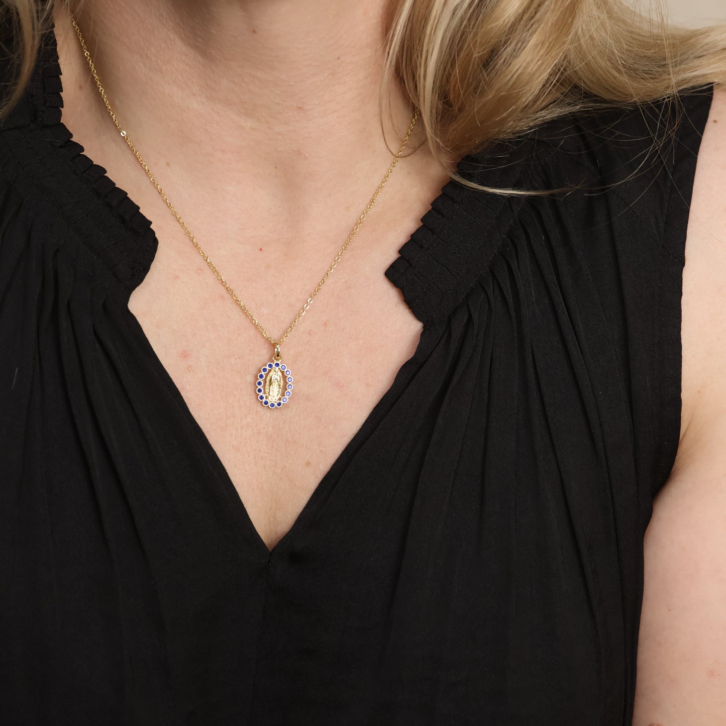 20mm Sapphire CZ Lady of Guadalupe 18k Gold Filled Pendant