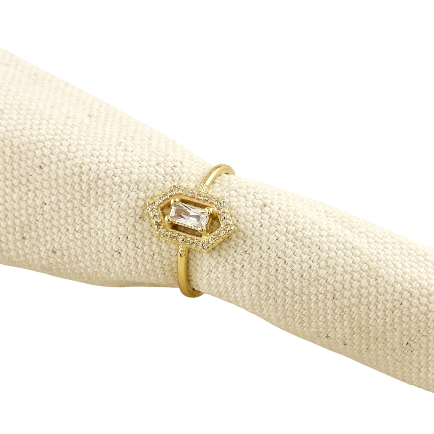 Baguette CZ Hexagon Halo 18k Gold Filled Ring