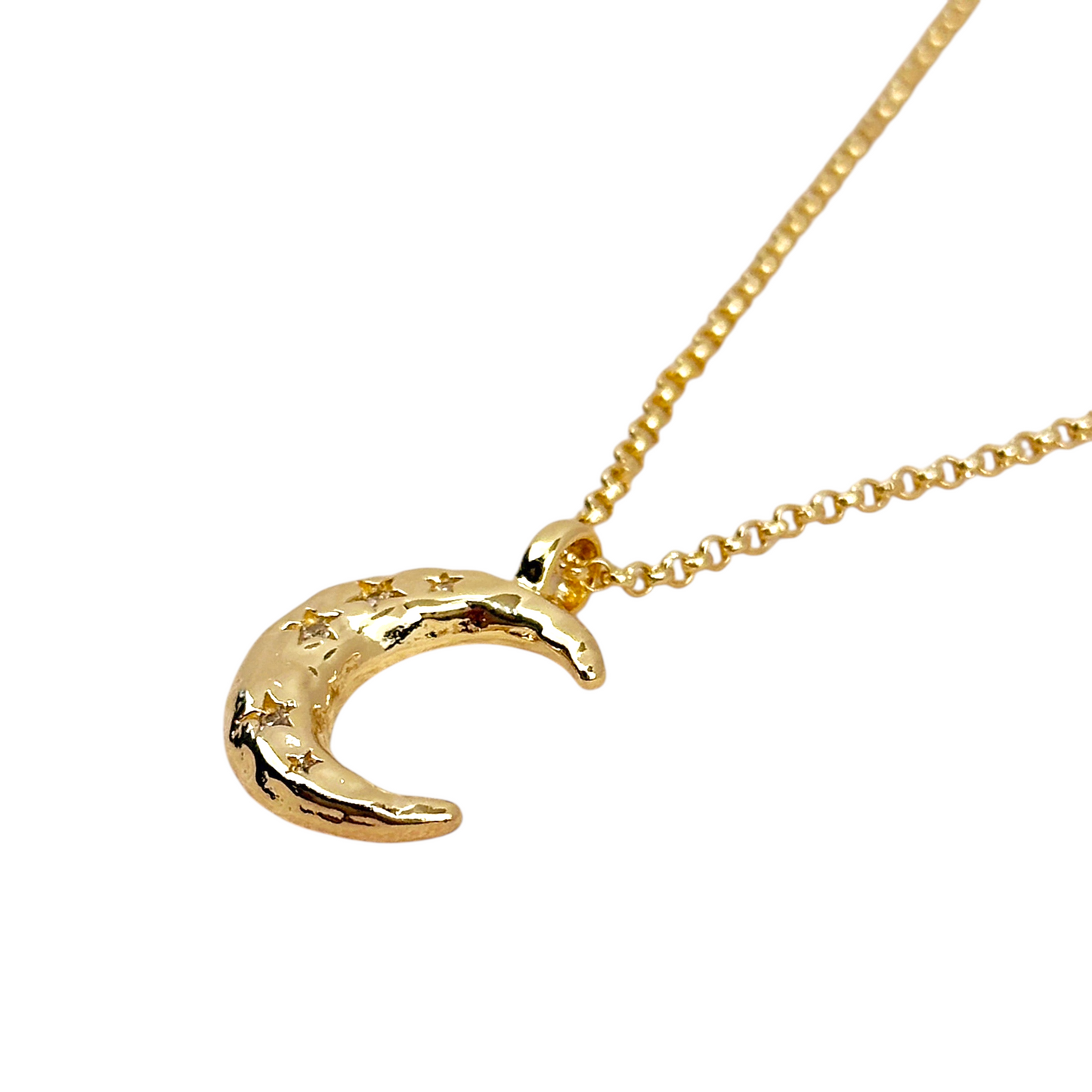20mm CZ Hammered Crescent Moon 18k Gold Filled Necklace