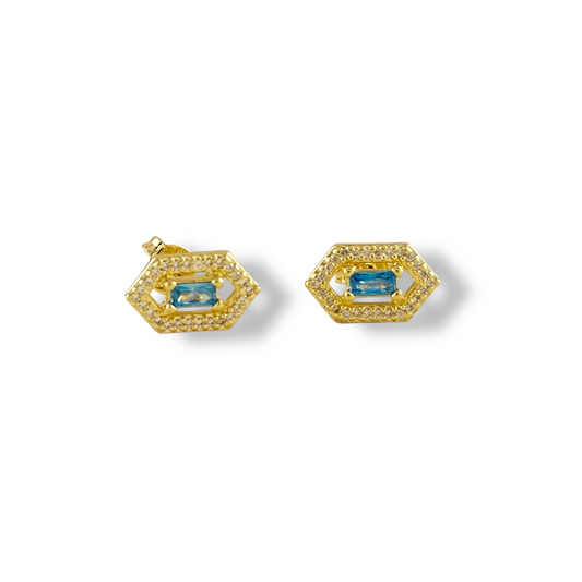 Baguette Birthstone Hexagon Halo Stud 18k Gold Filled Earrings