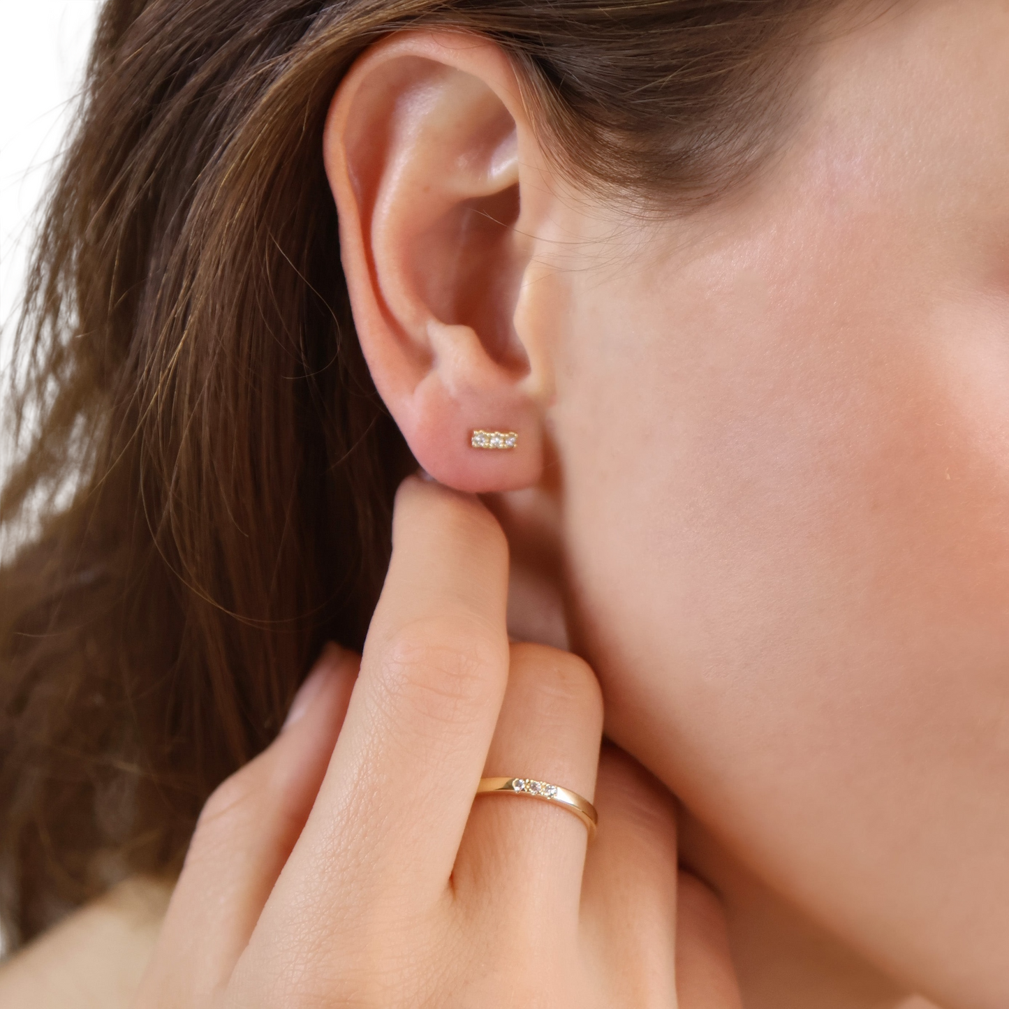 6mm Three Stone CZ Bar Stud 18k Gold Filled Earrings