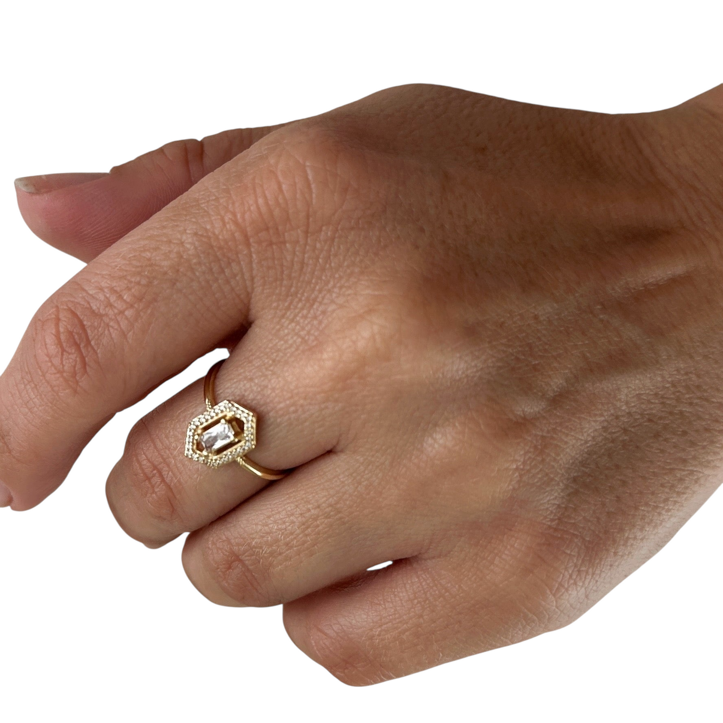 Baguette CZ Hexagon Halo 18k Gold Filled Ring