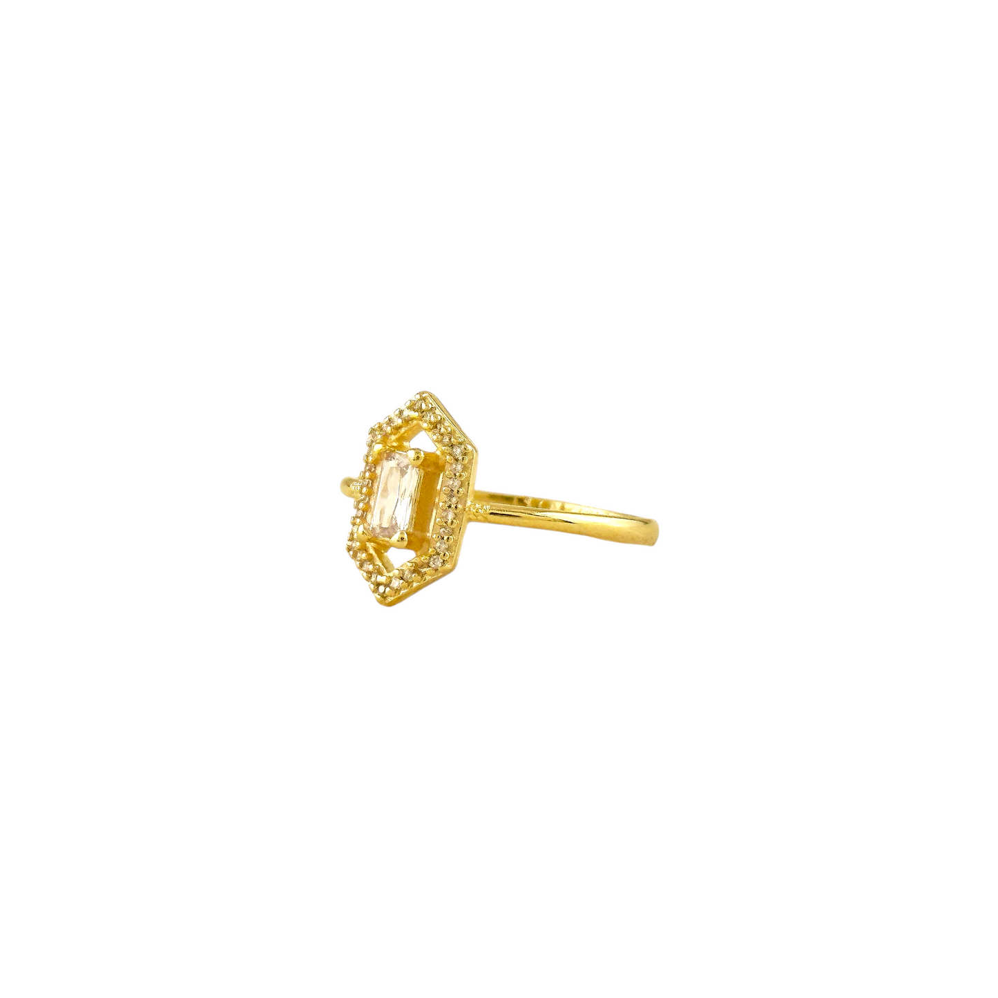 Baguette CZ Hexagon Halo 18k Gold Filled Ring