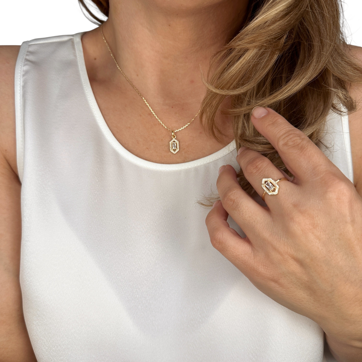 Baguette CZ Hexagon Halo 18k Gold Filled Ring