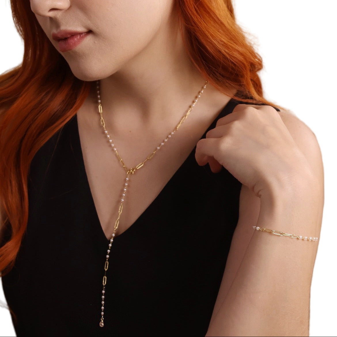 Diamond Cut Paperclip and Pearl Link 18k Gold Filled Bracelet