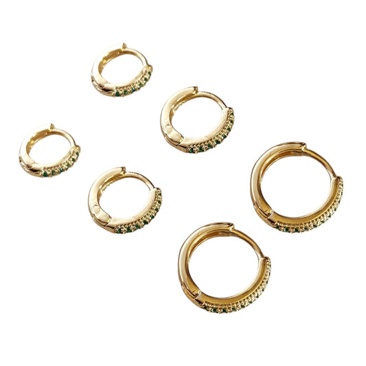 Emerald CZ Huggie TRIO 18k Gold Filled Earrings