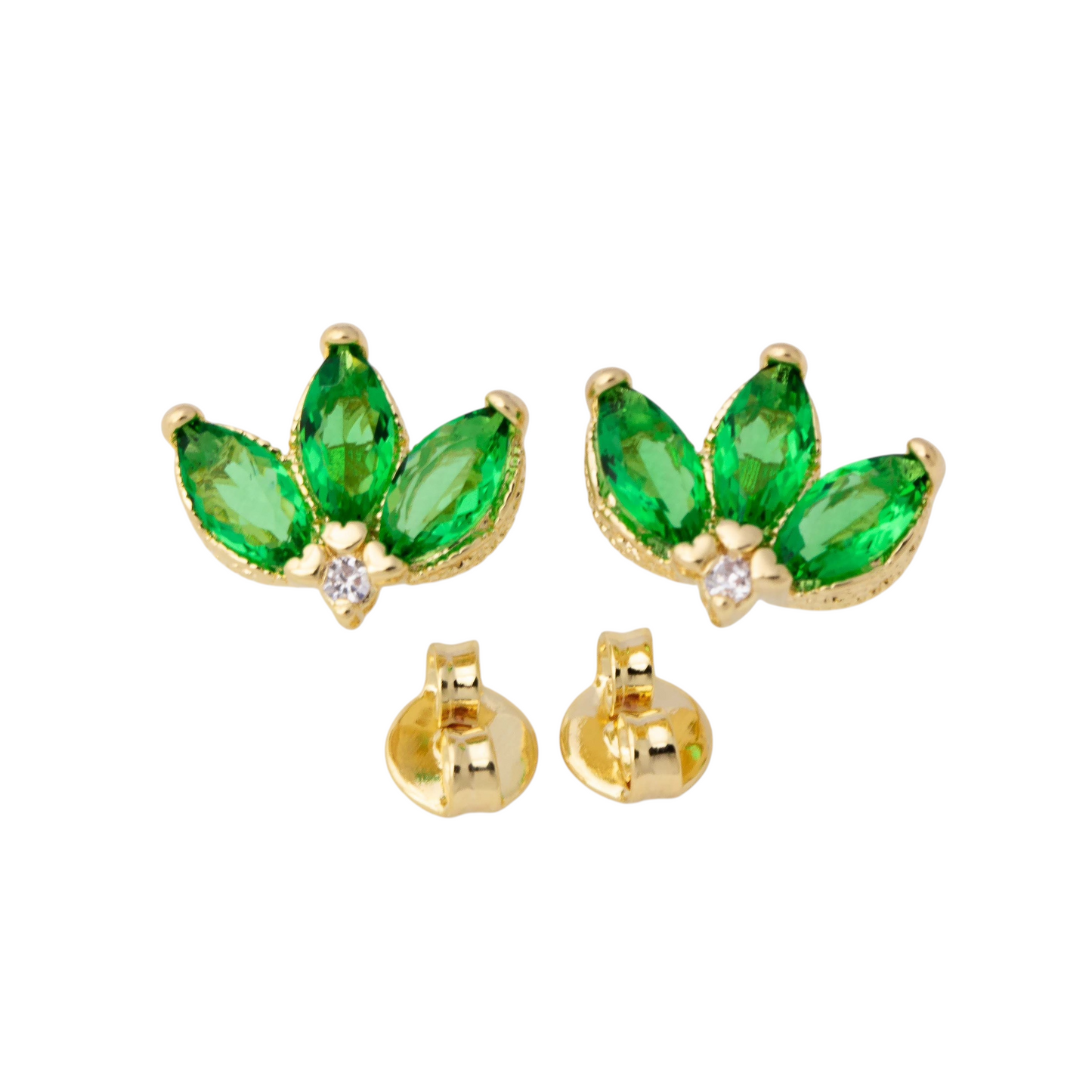 11.5mm  Emerald CZ Vintage Lotus Flower Stud 18K Gold Filled  Earrings