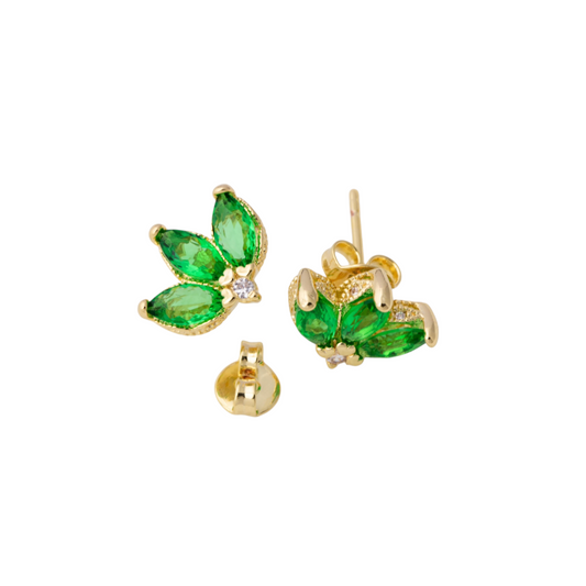 11.5mm  Emerald CZ Vintage Lotus Flower Stud 18K Gold Filled  Earrings