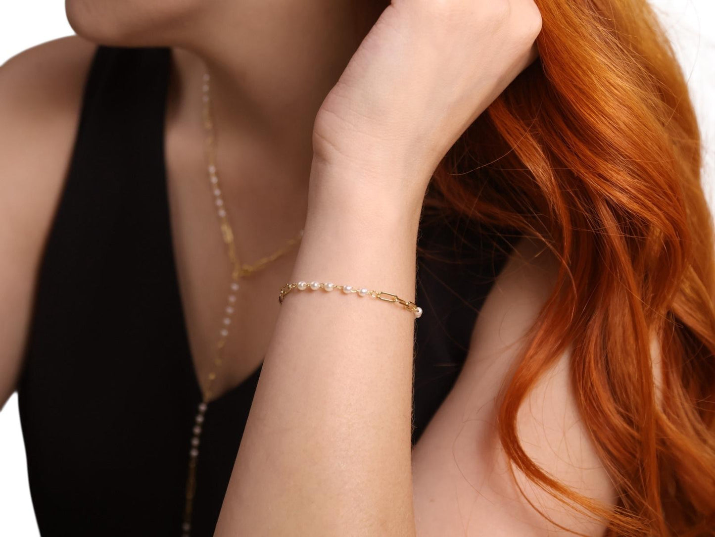 Diamond Cut Paperclip and Pearl Link 18k Gold Filled Bracelet