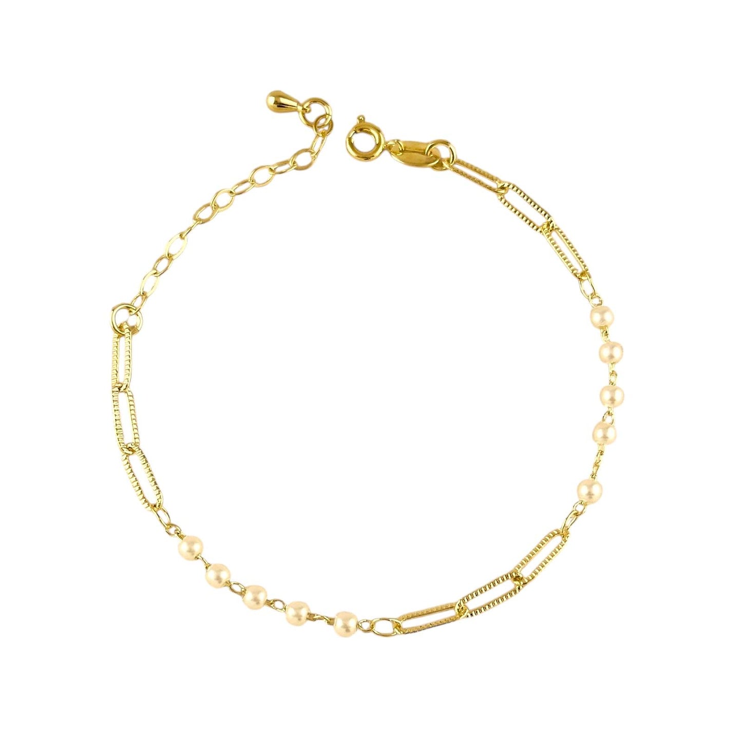 Diamond Cut Paperclip and Pearl Link 18k Gold Filled Bracelet