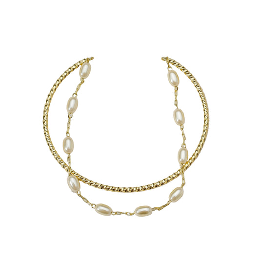 Twisted Cuff & Pearl Chain 18k Gold Filled Bracelet
